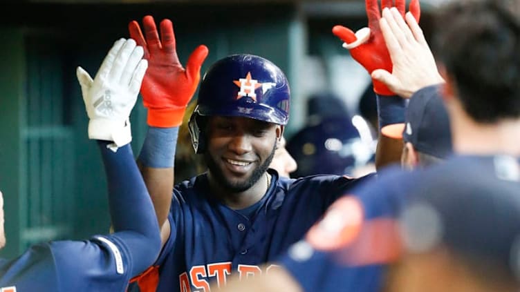 HOUSTON, TEXAS - JUNE 15: Yordan Alvarez #44 of the Houston Astros celebrates in the dugout after hitting a home run in the third inning against the Toronto Blue Jays at Minute Maid Park on June 15, 2019 in Houston, Texas. (Photo by Bob Levey/Getty Images)