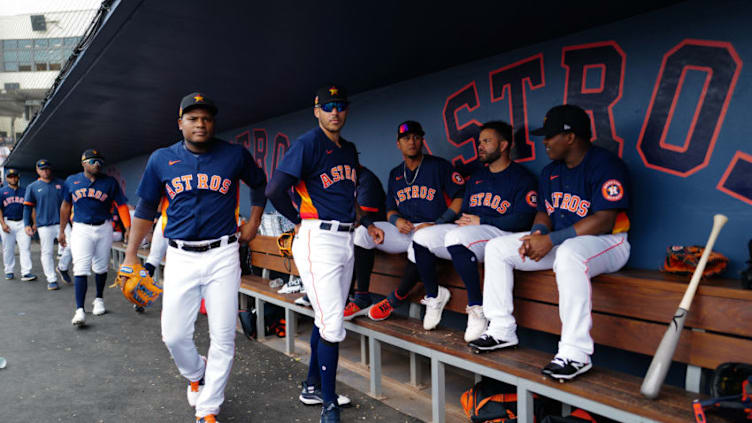 WEST PALM BEACH, FLORIDA - MARCH 10: Houston Astros sit in the dugout during the spring training game against the New York Mets at FITTEAM Ballpark of The Palm Beaches on March 10, 2020 in West Palm Beach, Florida. (Photo by Mark Brown/Getty Images)