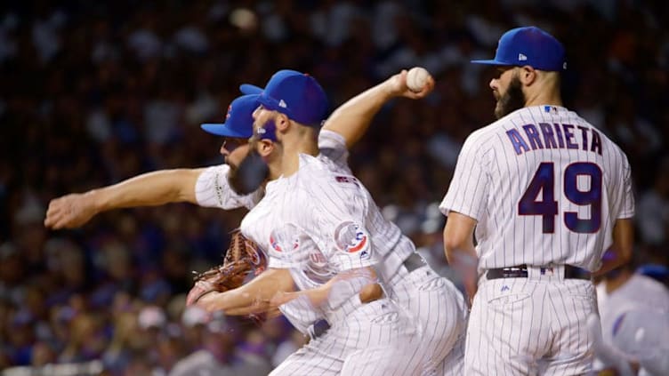 CHICAGO, IL - OCTOBER 18: (EDITOR'S NOTE: Multiple exposures were combined in-camera to produce this image.) Jake Arrieta