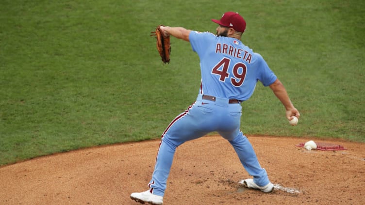 PHILADELPHIA, PA - AUGUST 13: Starting pitcher Jake Arrieta #49 of the Philadelphia Phillies throws a pitch during a game against the Baltimore Orioles at Citizens Bank Park on August 13, 2020 in Philadelphia, Pennsylvania. The Orioles won 11-4. (Photo by Hunter Martin/Getty Images)