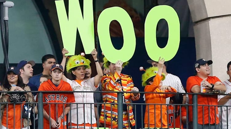 HOUSTON, TEXAS - APRIL 07: Fans cheer on Josh Reddick #22 of the Houston Astros against the Oakland Athletics at Minute Maid Park on April 07, 2019 in Houston, Texas. (Photo by Bob Levey/Getty Images)