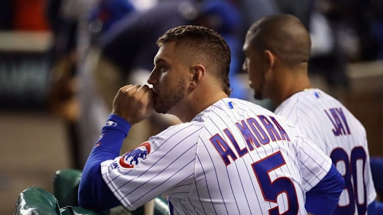 CHICAGO, IL - OCTOBER 19: Albert Almora Jr. #5 of the Chicago Cubs looks on from the dugout after losing to the Los Angeles Dodgers 11-1 in game five of the National League Championship Series at Wrigley Field on October 19, 2017 in Chicago, Illinois. (Photo by Jonathan Daniel/Getty Images)