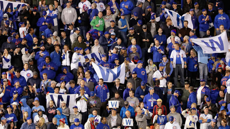 CHICAGO, IL - OCTOBER 18: Fans celebrate after the Chicago Cubs beat the Los Angeles Dodgers 3-2 in game four of the National League Championship Series at Wrigley Field on October 18, 2017 in Chicago, Illinois. (Photo by Jamie Squire/Getty Images)