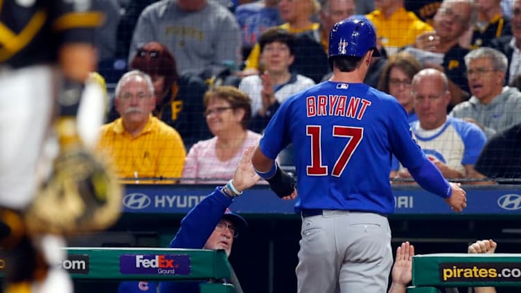 PITTSBURGH, PA - SEPTEMBER 05: Kris Bryant #17 of the Chicago Cubs celebrates with Joe Maddon #70 after scoring on a two RBI single in the third inning against the Pittsburgh Pirates at PNC Park on September 5, 2017 in Pittsburgh, Pennsylvania. (Photo by Justin K. Aller/Getty Images)