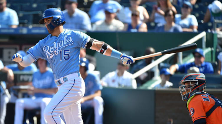 KANSAS CITY, MISSOURI - SEPTEMBER 15: Whit Merrifield #15 of the Kansas City Royals hits an RBI single in the fifth inning against the Houston Astros at Kauffman Stadium on September 15, 2019 in Kansas City, Missouri. (Photo by Ed Zurga/Getty Images)