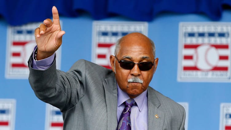 COOPERSTOWN, NY - JULY 27: Hall of Famer Billy Williams is introduced during the Baseball Hall of Fame induction ceremony at Clark Sports Center on July 27, 2014 in Cooperstown, New York. (Photo by Jim McIsaac/Getty Images)