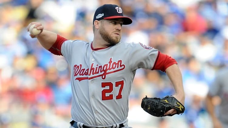 Oct 10, 2016; Los Angeles, CA, USA; Washington Nationals relief pitcher Shawn Kelley (27) pitches during the seventh inning against the Los Angeles Dodgers in game three of the 2016 NLDS playoff baseball series at Dodger Stadium. Mandatory Credit: Gary A. Vasquez-USA TODAY Sports