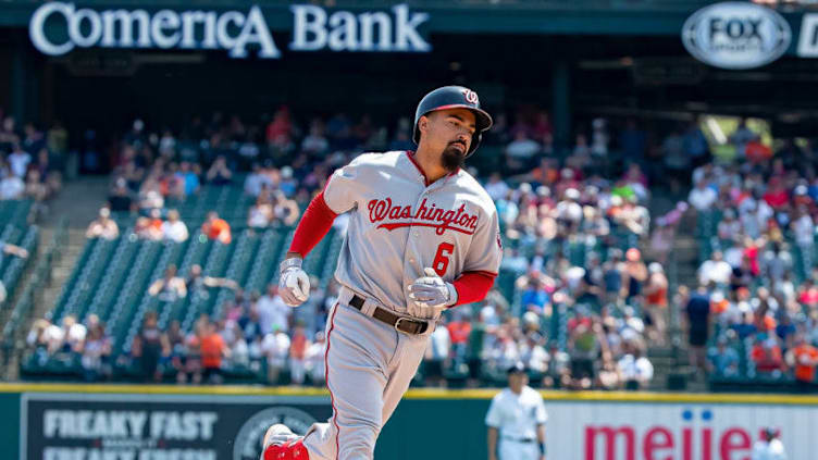 DETROIT, MI - JUNE 30: Anthony Rendon #6 of the Washington Nationals hits a solo home run in the eighth inning against the Detroit Tigers during a MLB game at Comerica Park on June 30, 2019 in Detroit, Michigan. Washington defeated the Detroit 2-1. (Photo by Dave Reginek/Getty Images)