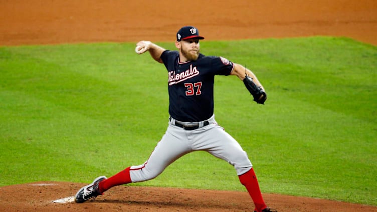 HOUSTON, TEXAS - OCTOBER 29: Stephen Strasburg #37 of the Washington Nationals delivers the pitch against the Houston Astros during the first inning in Game Six of the 2019 World Series at Minute Maid Park on October 29, 2019 in Houston, Texas. (Photo by Bob Levey/Getty Images)