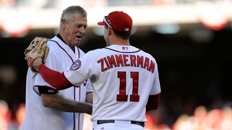 WASHINGTON, DC - OCTOBER 11: Former Washington Senator player Frank Howard greets Ryan Zimmerman