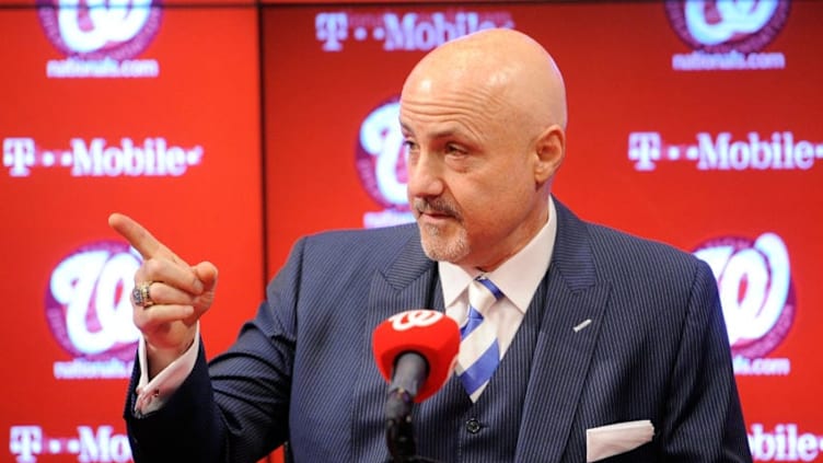 WASHINGTON, DC - NOVEMBER 05: General Manager Mike Rizzo of the Washington Nationals introduces Manager Dusty Baker (not pictured) at Nationals Park on November 5, 2015 in Washington, DC. (Photo by Greg Fiume/Getty Images)