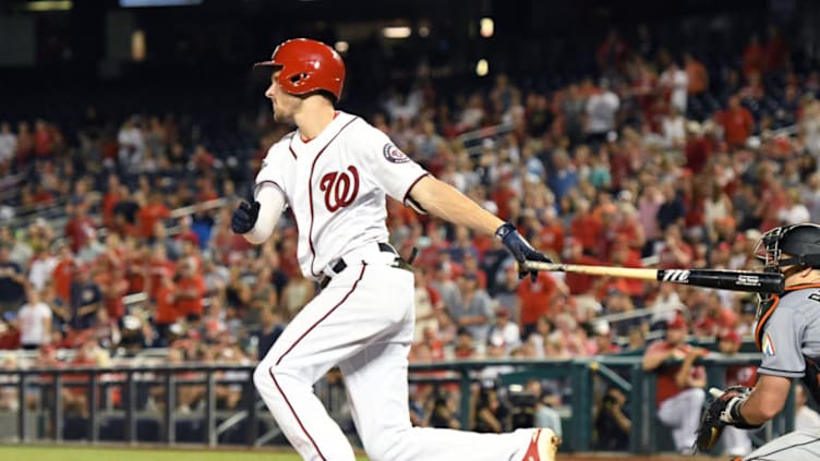 WASHINGTON, DC - JULY 05: Trea Turner #7 of the Washington Nationals hits grand slam home run in the sixth inning during a baseball game against the Miami Marlins at Nationals Park on July 5, 2018 in Washington, DC. (Photo by Mitchell Layton/Getty Images)