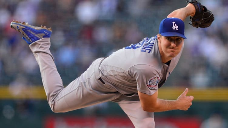 DENVER, CO - AUGUST 9: Ross Stripling #68 of the Los Angeles Dodgers pitches against the Colorado Rockies in the first inning of a game at Coors Field on August 9, 2018 in Denver, Colorado. (Photo by Dustin Bradford/Getty Images)