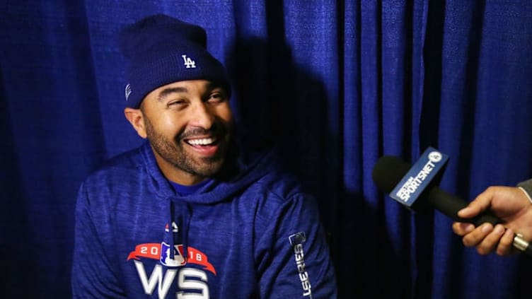 BOSTON, MA - OCTOBER 22: Matt Kemp #27 of the Los Angeles Dodgers speaks with the media during media availability ahead of the 2018 World Series against the Boston Red Sox at Fenway Park on October 22, 2018 in Boston, Massachusetts. (Photo by Maddie Meyer/Getty Images)