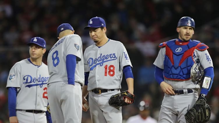 BOSTON, MA - OCTOBER 24: Kenta Maeda #18 of the Los Angeles Dodgers is removed from the game during the seventh inning against the Boston Red Sox in Game Two of the 2018 World Series at Fenway Park on October 24, 2018 in Boston, Massachusetts. (Photo by Elsa/Getty Images)