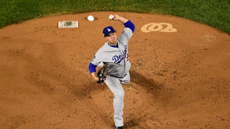 WASHINGTON, DC - OCTOBER 06: Hyun-Jin Ryu #99 of the Los Angeles Dodgers pitches in the first inning against the Washington Nationals in Game 3 of the NLDS at Nationals Park on October 6, 2019 in Washington, DC. (Photo by Patrick McDermott/Getty Images)