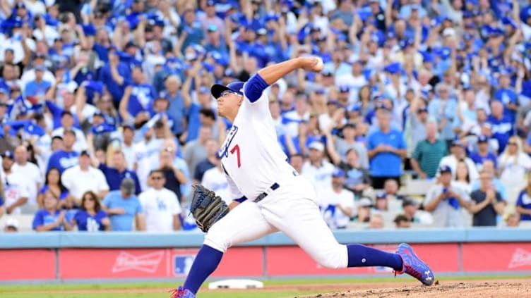 LOS ANGELES, CA - OCTOBER 19: Julio Urias #7 of the Los Angeles Dodgers pitches against the Chicago Cubs in game four of the National League Championship Series at Dodger Stadium on October 19, 2016 in Los Angeles, California. (Photo by Harry How/Getty Images)