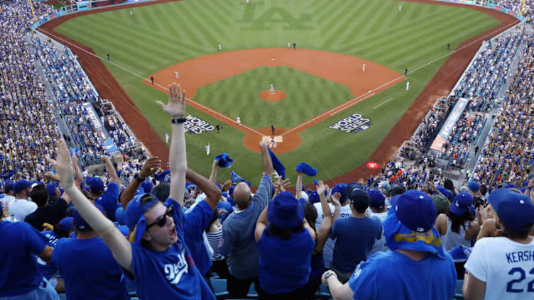 LOS ANGELES, CA - OCTOBER 24: A general view as fans cheer during the first inning of game one of the 2017 World Series between the Houston Astros and the Los Angeles Dodgers at Dodger Stadium on October 24, 2017 in Los Angeles, California. (Photo by Ezra Shaw/Getty Images)