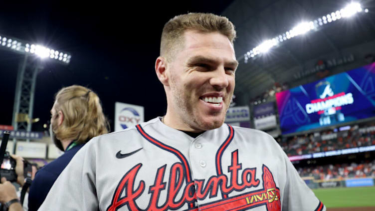 HOUSTON, TEXAS - NOVEMBER 02: Freddie Freeman #5 of the Atlanta Braves celebrates with teammates after their 7-0 victory against the Houston Astros in Game Six to win the 2021 World Series at Minute Maid Park on November 02, 2021 in Houston, Texas. (Photo by Carmen Mandato/Getty Images)