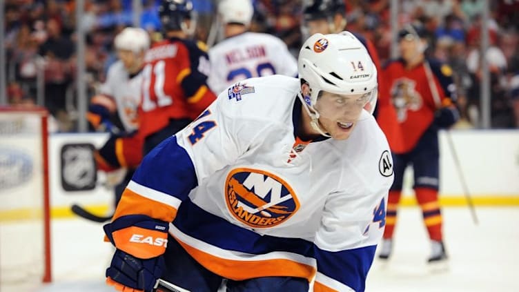 Apr 15, 2016; Sunrise, FL, USA; New York Islanders defenseman Thomas Hickey during third period action in game two of the first round of the 2016 Stanley Cup Playoffs at BB&T Center. Mandatory Credit: Robert Duyos-USA TODAY Sports