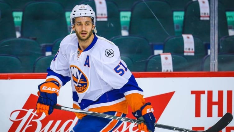 Feb 25, 2016; Calgary, Alberta, CAN; New York Islanders center Frans Nielsen (51) skates during the warmup period against the Calgary Flames at Scotiabank Saddledome. New York Islanders won 2-1. Mandatory Credit: Sergei Belski-USA TODAY Sports