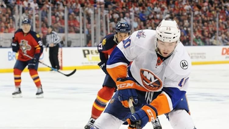 Apr 15, 2016; Sunrise, FL, USA; New York Islanders center Alan Quine (10) during third period action against the Florida Panthers in game two of the first round of the 2016 Stanley Cup Playoffs at BB&T Center. Mandatory Credit: Robert Duyos-USA TODAY Sports