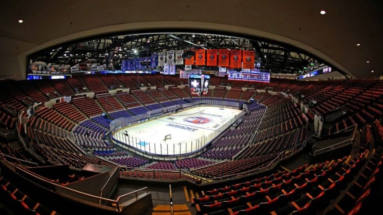 Apr 25, 2015; Uniondale, NY, USA; A general view of the ice surface prior to the final game that the Islanders will play in Nassau Coliseum between the Washington Capitals and New York Islanders in game six of the first round of the 2015 Stanley Cup Playoffs at Nassau Veterans Memorial Coliseum. Mandatory Credit: Andy Marlin-USA TODAY Sports