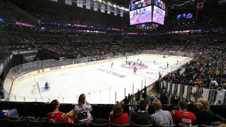 Oct 9, 2015; Brooklyn, NY, USA; General view of opening tip off during the first period between the New York Islanders and the Chicago Blackhawks at Barclays Center. Mandatory Credit: Brad Penner-USA TODAY Sports