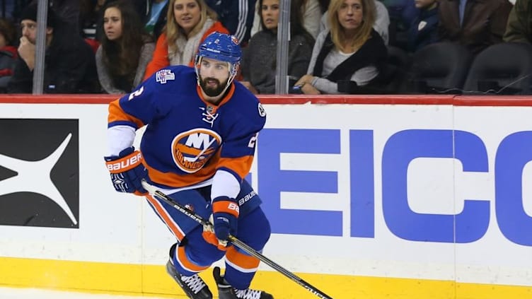 Feb 7, 2016; Brooklyn, NY, USA; New York Islanders defenseman Nick Leddy (2) during the first period against the Edmonton Oilers at Barclays Center. Mandatory Credit: Anthony Gruppuso-USA TODAY Sports