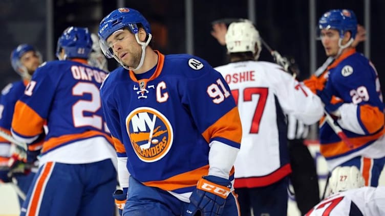 Jan 7, 2016; Brooklyn, NY, USA; New York Islanders center John Tavares (91) reacts after being denied on a power play against the Washington Capitals during the second period at Barclays Center. Mandatory Credit: Brad Penner-USA TODAY Sports