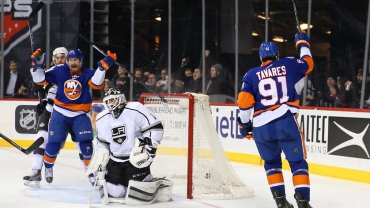 Feb 11, 2016; Brooklyn, NY, USA; New York Islanders center John Tavares (91) celebrates his goal during the second period against the Los Angeles Kings at Barclays Center. Mandatory Credit: Anthony Gruppuso-USA TODAY Sports