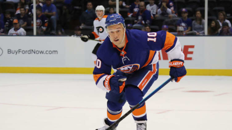 UNIONDALE, NEW YORK - SEPTEMBER 16: Jan Kovar #10 of the New York Islanders skates against the Philadelphia Flyers during a preseason game at the Nassau Veterans Memorial Coliseum on September 16, 2018 in Uniondale, New York. The Islanders shut out the Flyers 3-0. (Photo by Bruce Bennett/Getty Images)