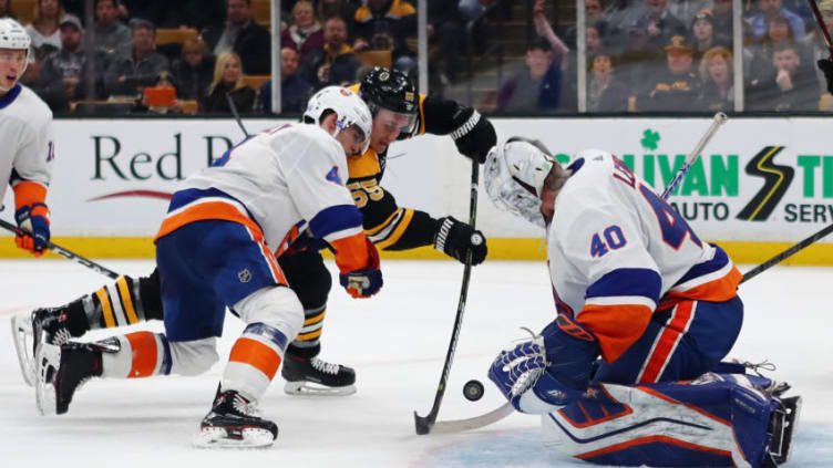 BOSTON, MA - NOVEMBER 29: Robin Lehner #40 of the New York Islanders tends goal against Noel Acciari #55 of the Boston Bruins during the third period at TD Garden on November 29, 2018 in Boston, Massachusetts. (Photo by Tim Bradbury/Getty Images)