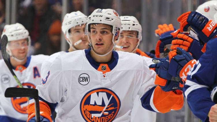 TORONTO, ON - DECEMBER 29: Mathew Barzal #13 of the New York Islanders celebrates his 3rd goal of the game against the Toronto Maple Leafs during an NHL game at Scotiabank Arena on December 29, 2018 in Toronto, Ontario, Canada. (Photo by Claus Andersen/Getty Images)