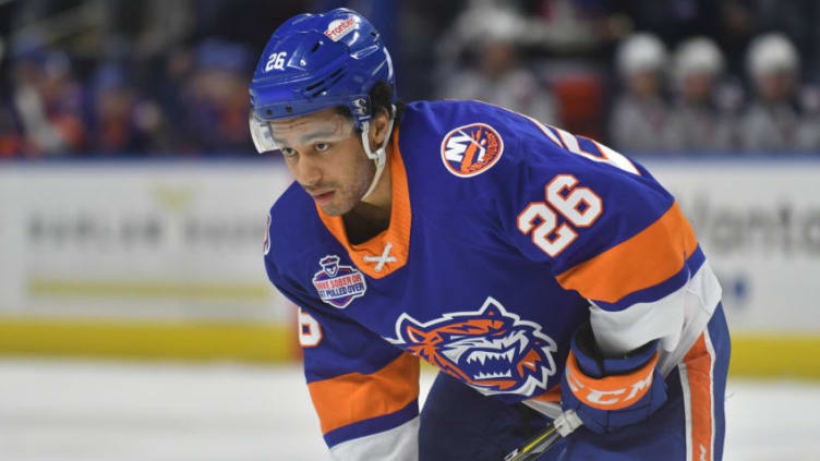 BRIDGEPORT, CT - JANUARY 12: Josh Ho-Sang #26 of the Bridgeport Sound Tigers watchs a face off during a game against the Hartford Wolf Pack at the Webster Bank Arena on January 12, 2019 in Bridgeport, Connecticut. (Photo by Gregory Vasil/Getty Images)