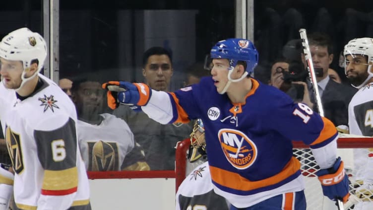 NEW YORK, NEW YORK - DECEMBER 12: Anthony Beauvillier #18 of the New York Islanders scores at 3:17 of the first period against the Vegas Golden Knights at the Barclays Center on December 12, 2018 in the Brooklyn borough of New York City. (Photo by Bruce Bennett/Getty Images)