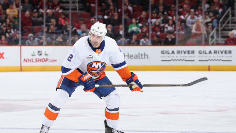 GLENDALE, ARIZONA - DECEMBER 18: Nick Leddy #2 of the New York Islanders handles the puck during the NHL game against the Arizona Coyotes at Gila River Arena on December 18, 2018 in Glendale, Arizona. The Islanders defeated the Coyotes 3-1. (Photo by Christian Petersen/Getty Images)