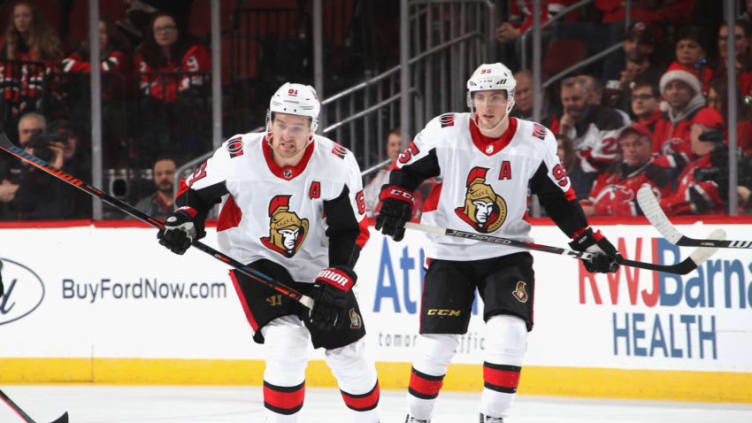 NEWARK, NEW JERSEY - DECEMBER 21: Mark Stone #61 and Matt Duchene #95 of the Ottawa Senators skate against the New Jersey Devils at the Prudential Center on December 21, 2018 in Newark, New Jersey. (Photo by Bruce Bennett/Getty Images)