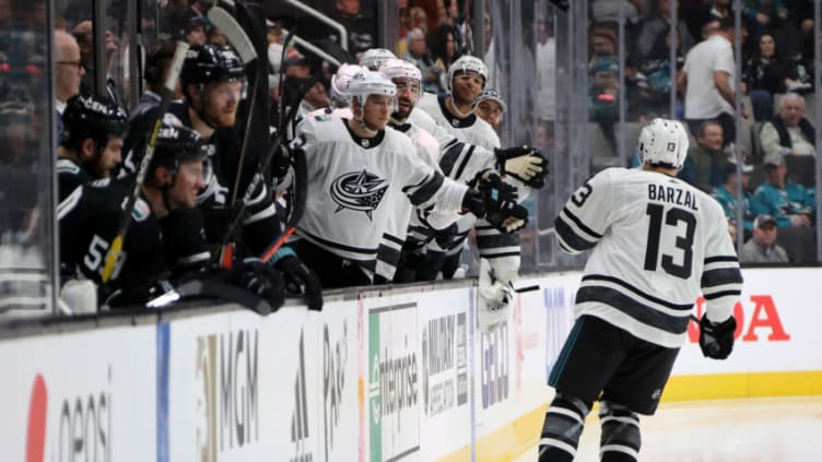 SAN JOSE, CA - JANUARY 26: Mathew Barzal #13 of the New York Islanders reacts to a goal during the 2019 Honda NHL All-Star Game at SAP Center on January 26, 2019 in San Jose, California. (Photo by Bruce Bennett/Getty Images)