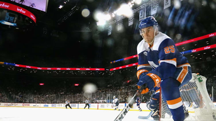 NEW YORK, NY - JANUARY 15: Devon Toews #25 of the New York Islanders skates against the St. Louis Blues at the Barclays Center on January 15, 2019 in the Brooklyn borough of New York City. The Islanders defeated the Blues 2-1 in overtime.(Photo by Bruce Bennett/Getty Images)