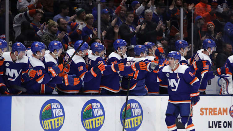 UNIONDALE, NEW YORK - JANUARY 20: Cal Clutterbuck #15 of the New York Islanders celebrates his second goal of the game against the Anaheim Ducks at 9:56 of the first period at NYCB Live at the Nassau Veterans Memorial Coliseum on January 20, 2019 in Uniondale, New York. (Photo by Bruce Bennett/Getty Images)