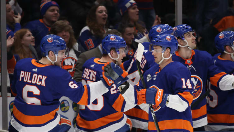 UNIONDALE, NEW YORK - MARCH 01: Tom Kuhnhackl #14 of the New York Islanders celebrates after scoring a first period goal against the Washington Capitals during their game at NYCB Live's Nassau Coliseum on March 01, 2019 in Uniondale, New York. (Photo by Al Bello/Getty Images)