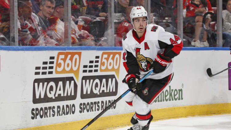 SUNRISE, FL - MARCH 3: Jean-Gabriel Pageau #44 of the Ottawa Senators looks for a teammate to pass the puck to as he circles behind the Florida Panthers net with the puck at the BB&T Center on March 3, 2019 in Sunrise, Florida. The Senators defeated the Panthers 3-2. (Photo by Joel Auerbach/Getty Images)