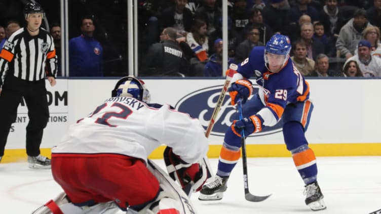 UNIONDALE, NEW YORK - MARCH 11: Brock Nelson #29 of the New York Islanders skates against the Columbus Blue Jackets at the NYCB Live's Nassau Coliseum on March 11, 2019 in Uniondale, New York. (Photo by Bruce Bennett/Getty Images)