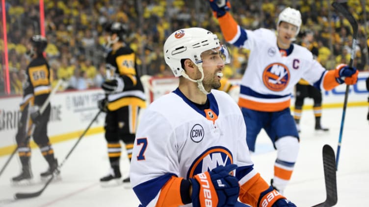 PITTSBURGH, PA - APRIL 14: Jordan Eberle #7 of the New York Islanders celebrates after scoring a goal during the first period in Game Three of the Eastern Conference First Round against the Pittsburgh Penguins during the 2019 NHL Stanley Cup Playoffs at PPG PAINTS Arena on April 14, 2019 in Pittsburgh, Pennsylvania. (Photo by Justin Berl/Getty Images)