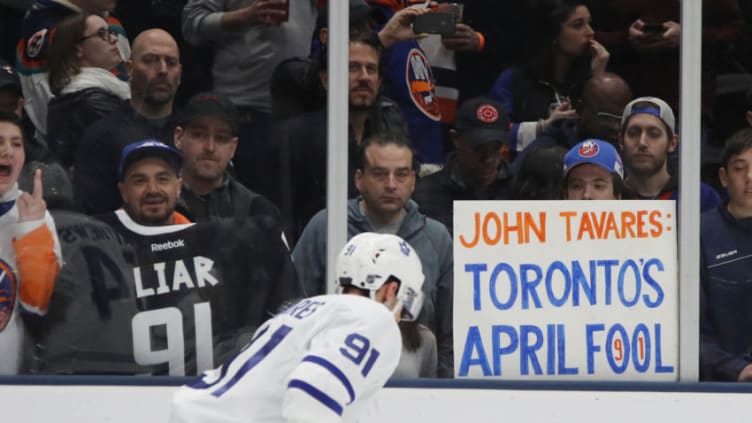 UNIONDALE, NEW YORK - APRIL 01: John Tavares #91 of the Toronto Maple Leafs skates in warm-ups prior to the game against the New York Islanders at NYCB Live's Nassau Coliseum on April 01, 2019 in Uniondale, New York. (Photo by Bruce Bennett/Getty Images)