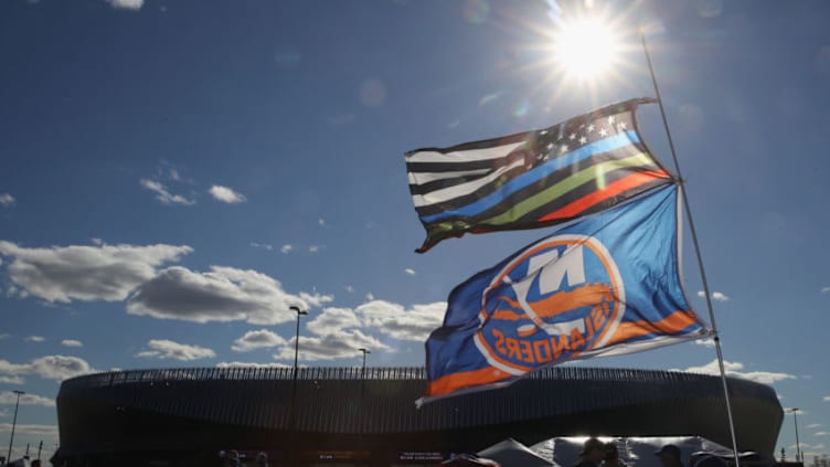 UNIONDALE, NEW YORK - APRIL 10: The New York Islanders flag flies prior to the game between the Islanders and the Pittsburgh Penguins in Game One of the Eastern Conference First Round during the 2019 NHL Stanley Cup Playoffs at NYCB Live's Nassau Coliseum on April 10, 2019 in Uniondale, New York. (Photo by Bruce Bennett/Getty Images)