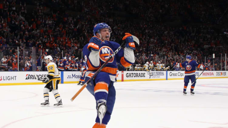 UNIONDALE, NEW YORK - APRIL 12: Anthony Beauvillier #18 of the New York Islanders celebrates his second period goal against the Pittsburgh Penguins in Game Two of the Eastern Conference First Round during the 2019 NHL Stanley Cup Playoffs at NYCB Live's Nassau Coliseum on April 12, 2019 in Uniondale, New York. (Photo by Bruce Bennett/Getty Images)