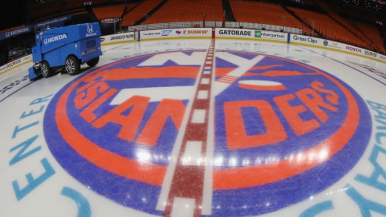 NEW YORK, NEW YORK - APRIL 28: A general view of the ice surface and the New York Islanders logo prior to the game against the Carolina Hurricanes in Game Two of the Eastern Conference Second Round during the 2019 NHL Stanley Cup Playoffs at the Barclays Center on April 28, 2019 in the Brooklyn borough of New York City. (Photo by Bruce Bennett/Getty Images)