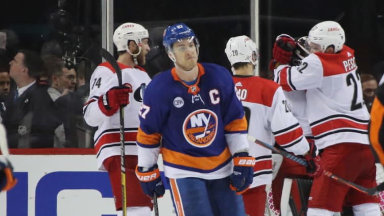 NEW YORK, NEW YORK - APRIL 28: Anders Lee #27 of the New York Islanders leaves the ice following a 2-1 loss to the Carolina Hurricanes in Game Two of the Eastern Conference Second Round during the 2019 NHL Stanley Cup Playoffs at the Barclays Center on April 28, 2019 in the Brooklyn borough of New York City. (Photo by Bruce Bennett/Getty Images)